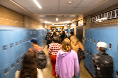 Students walking in a hallway