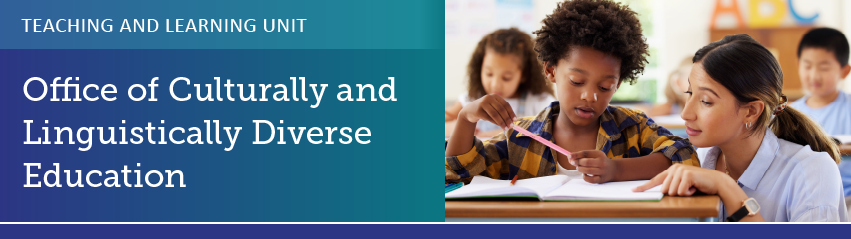 Teaching and Learning Unit, Office of Culturally and Linguistically Diverse Education office banner with woman with long hair kneeling down next to a young student.