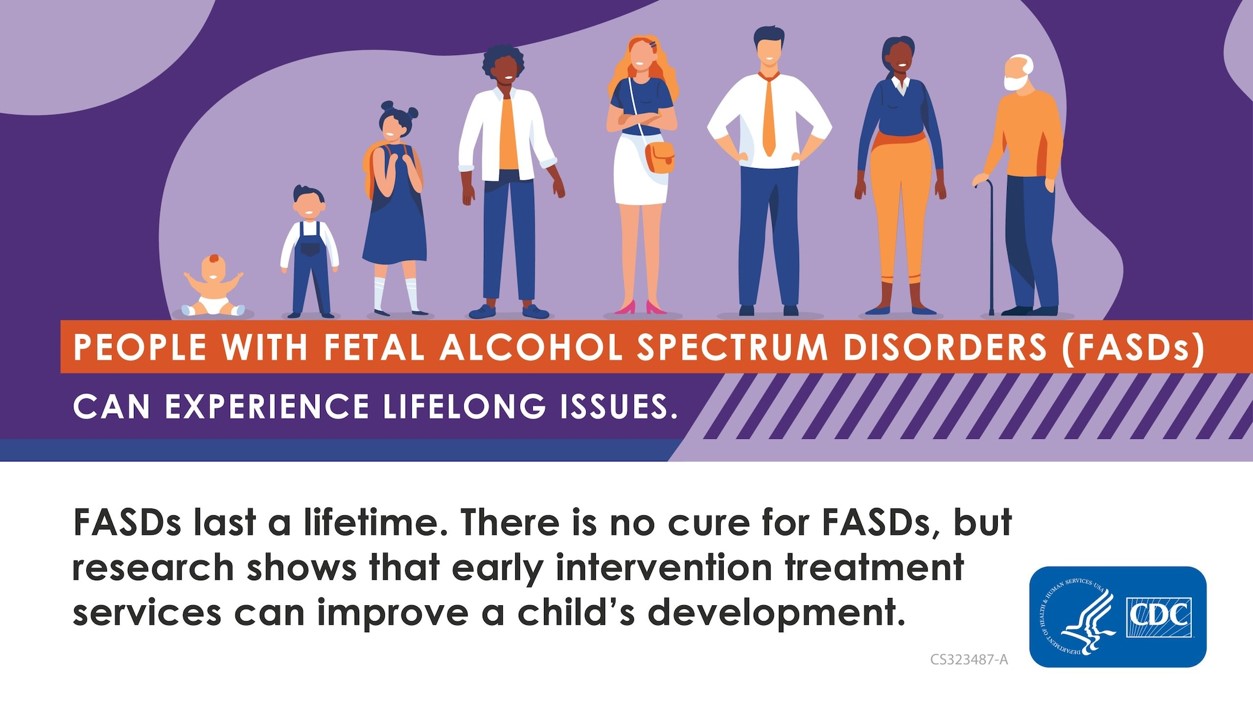 A group of 8 people standing in a line showing different ages from infant to elderly. People with Fetal Alcohol Spectrum Disorders (FASDs) can experience lifelong issues.