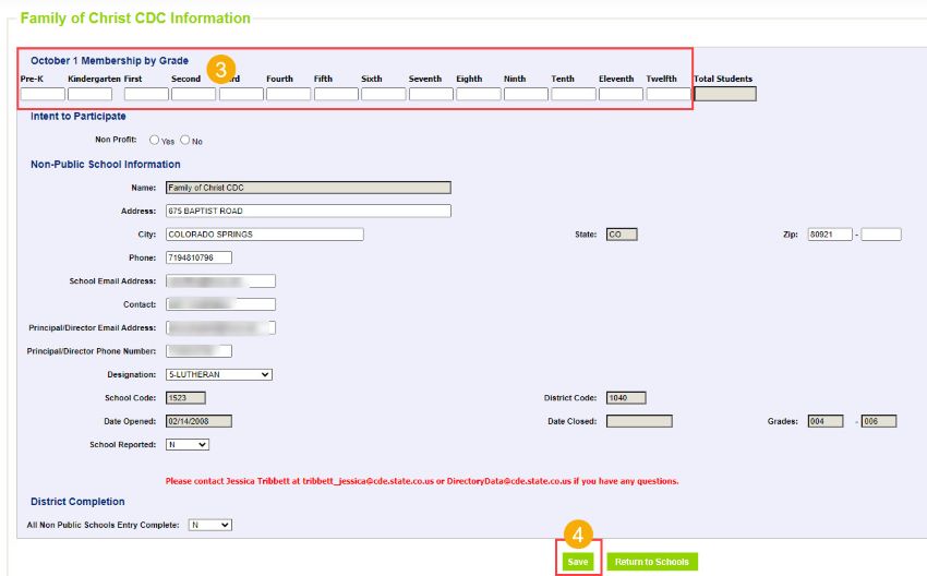 Screenshot of Non Public Schools Enrollment data entry screen.